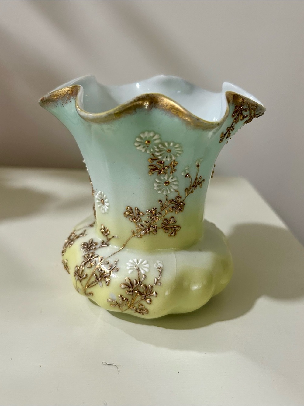 1920s Vintage Glass Vase in Pale Mint and Soft Yellow with Gold Accents